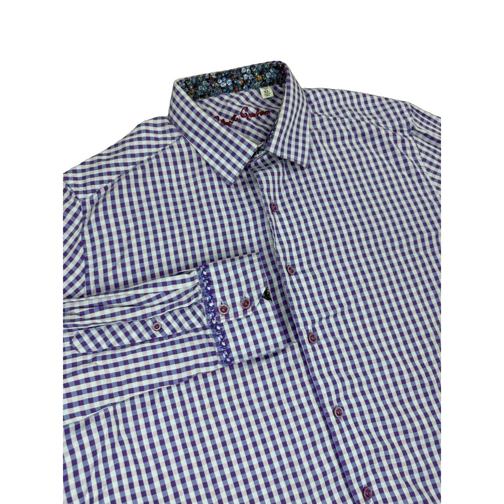 Robert Graham Shirt Men's XL Purple Gingham Check Flip Cuff Cotton Long Sleeve